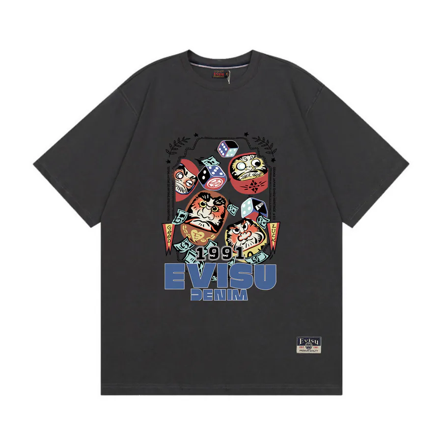 EVISU New Flower Zashiki Damo Print Short Sleeve Loose Couple Tee