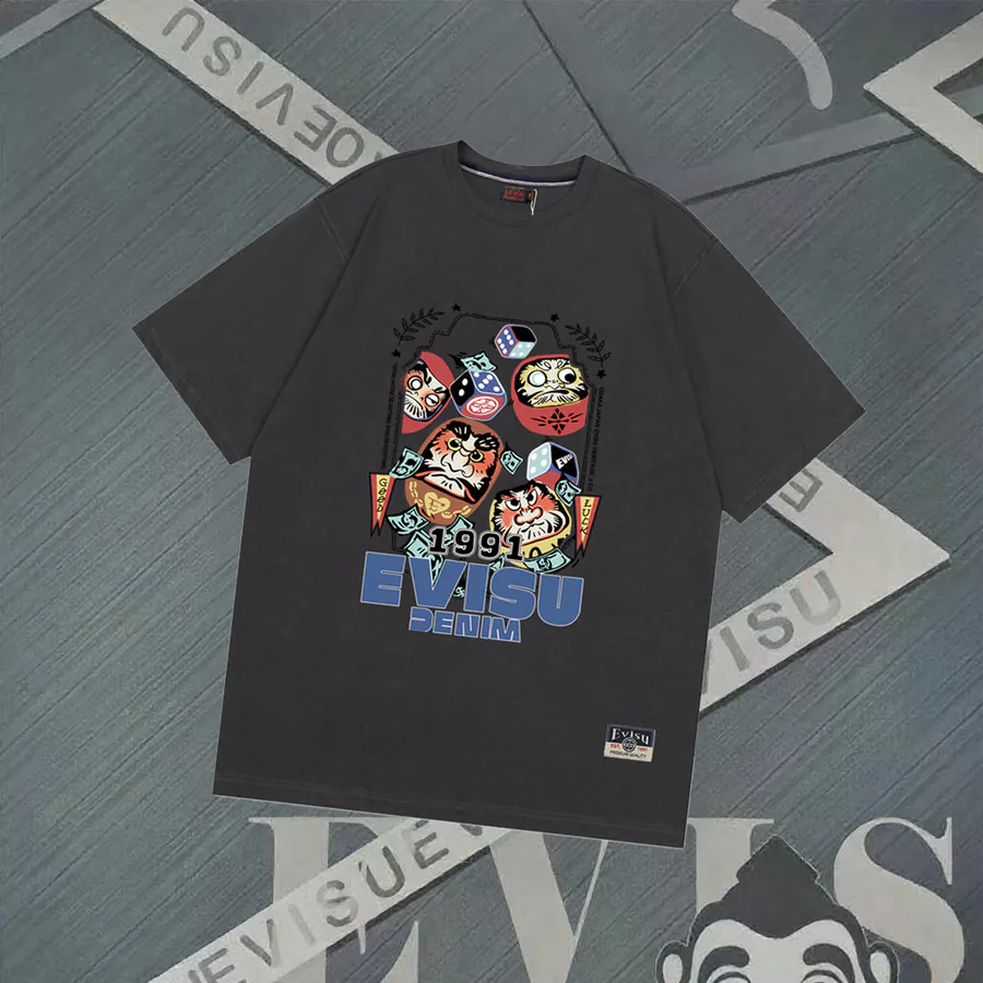 EVISU New Flower Zashiki Damo Print Short Sleeve Loose Couple Tee