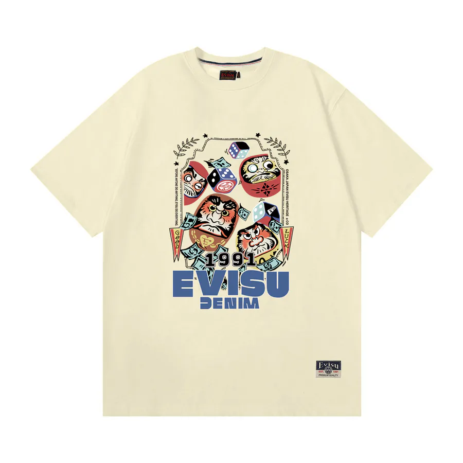 EVISU New Flower Zashiki Dharma Print Loose Short Sleeve Casual Couple T Shirt
