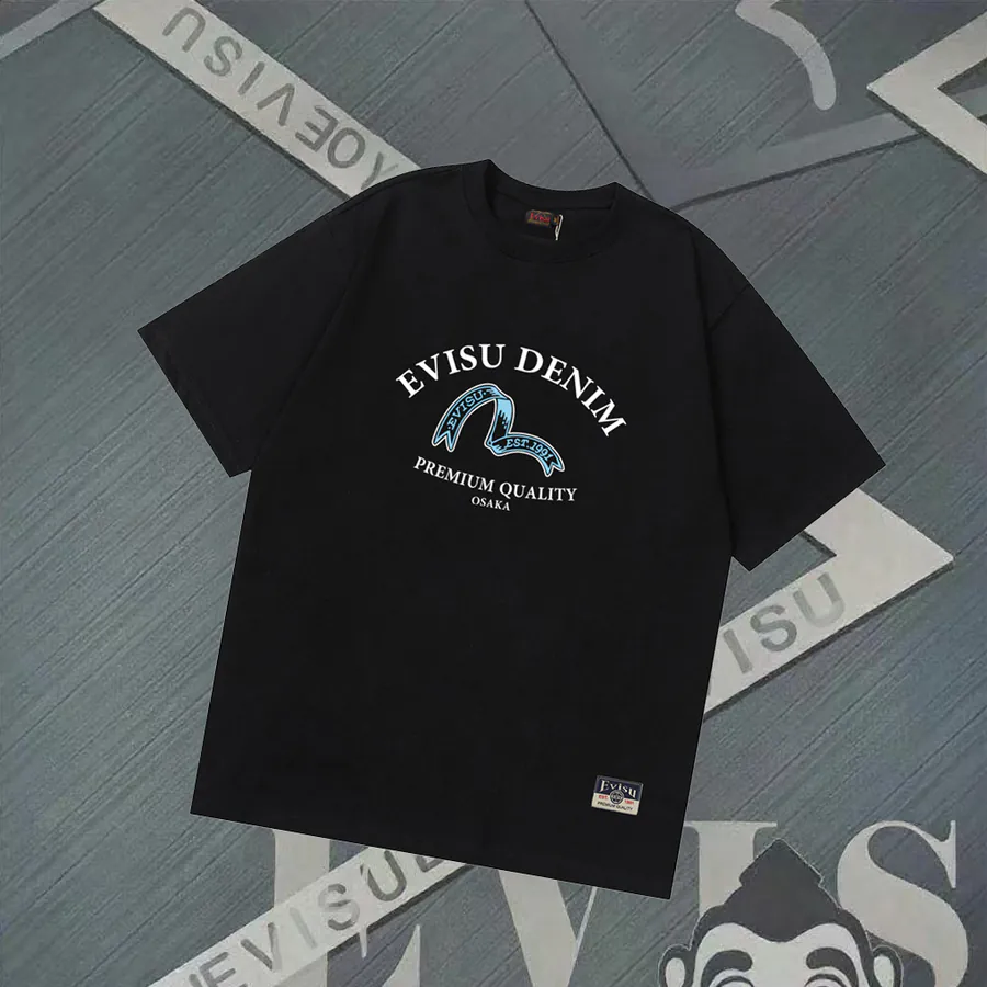 EVISU New Lettering Seagull Print Loose Short Sleeve Casual T Shirt for Couples