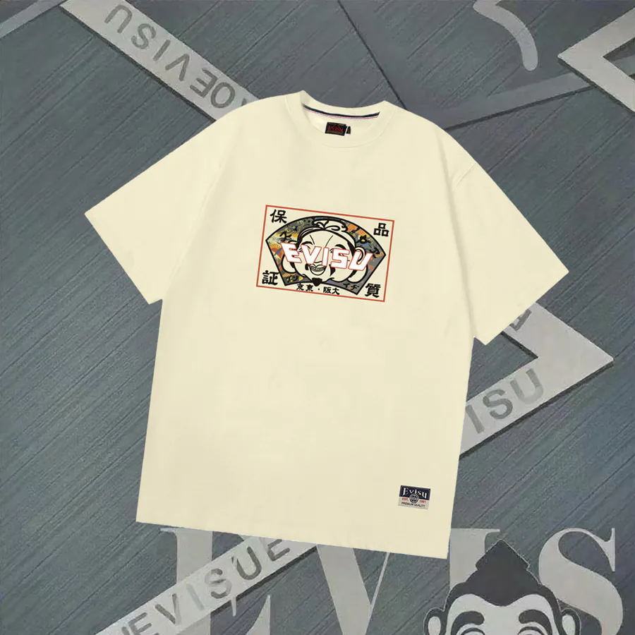 EVISU New Round Neck Print T Shirt, Casual Loose Fit