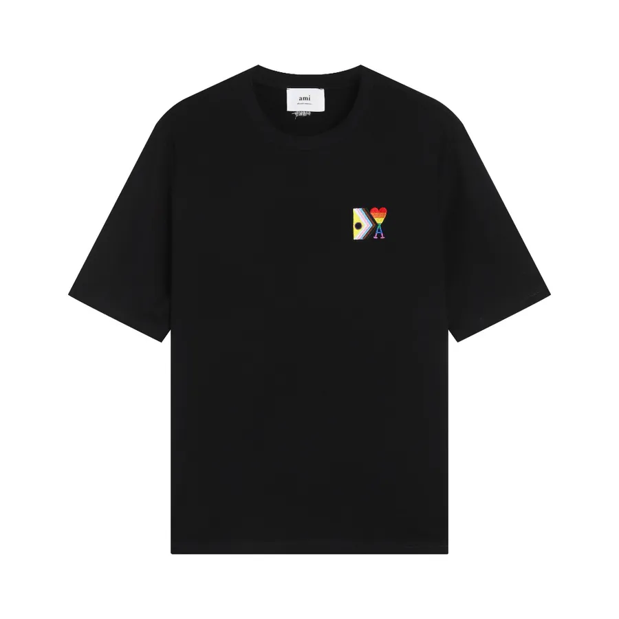 Ami Rainbow Embroidered Heart Short Sleeve Black