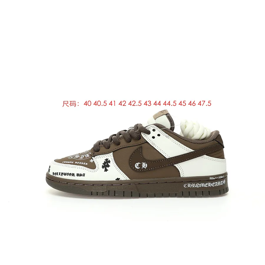 Come Hearts x SB Dunk Low Chocolate Brown, White, and Black Print