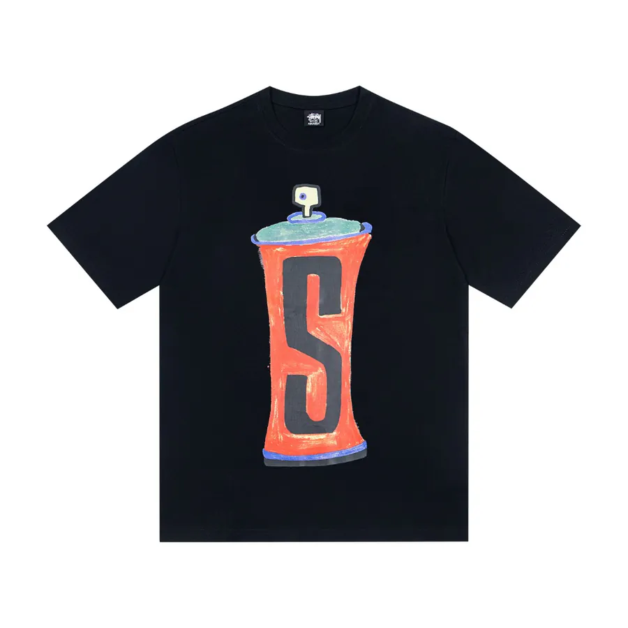 Stussy Hand Painted Spray Can Print Round Neck T Shirt