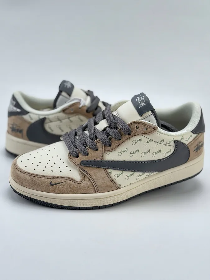 Travis Scott x Air 1 Low Reverse White, Brown, Gray, and Starry Flip Flop
