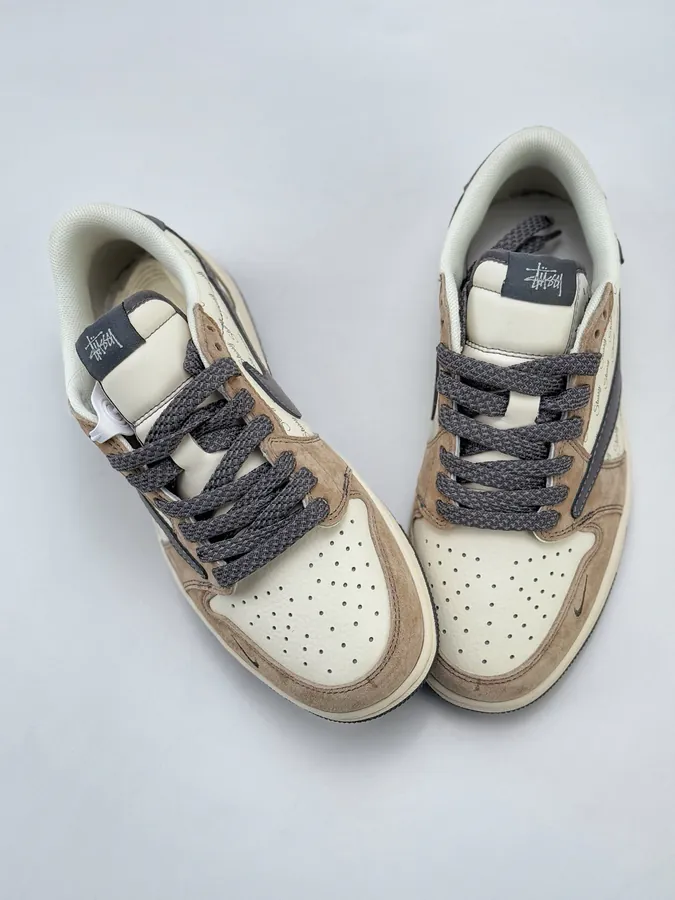 Travis Scott x Air 1 Low Reverse White, Brown, Gray, and Starry Flip Flop