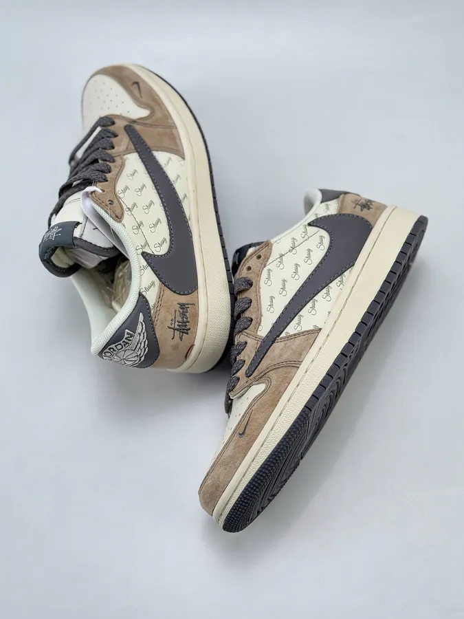 Travis Scott x Air 1 Low Reverse White, Brown, Gray, and Starry Flip Flop