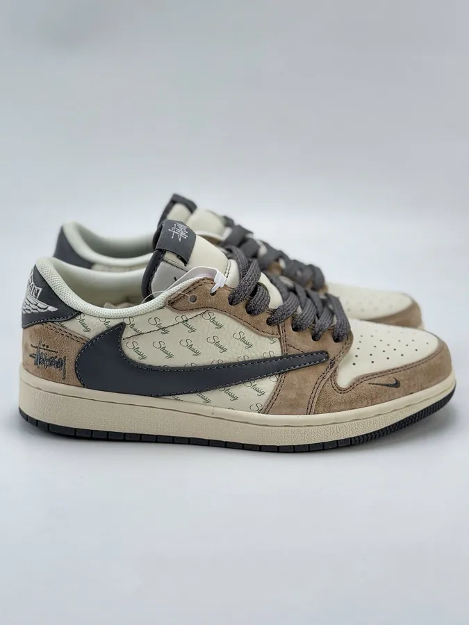 Travis Scott x Air 1 Low Reverse White, Brown, Gray, and Starry Flip Flop