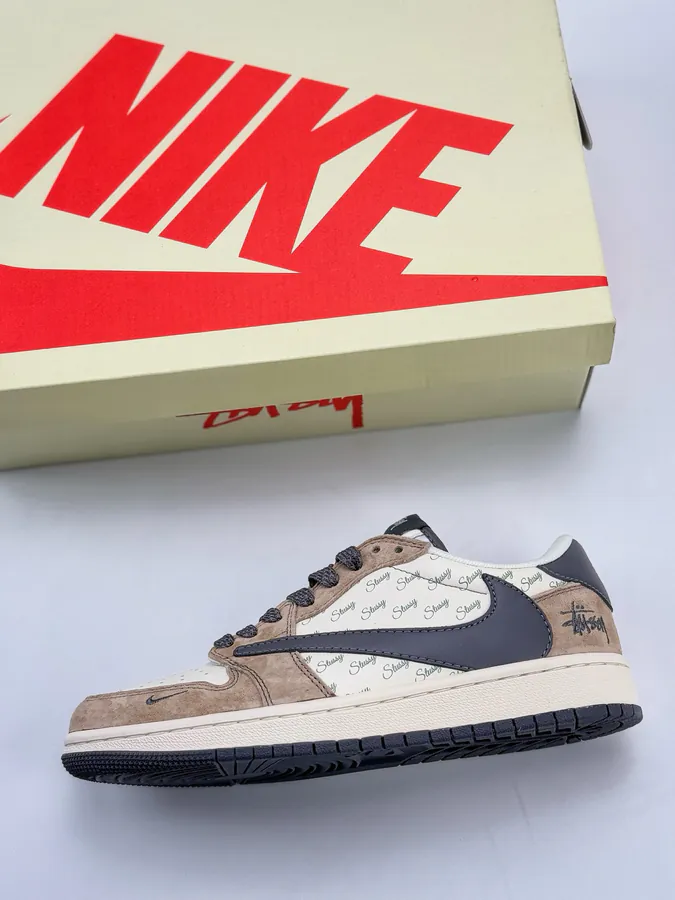 Travis Scott x Air 1 Low Reverse White, Brown, Gray, and Starry Flip Flop