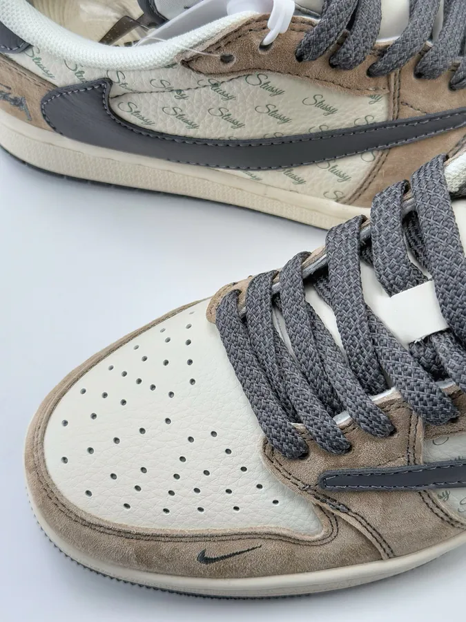 Travis Scott x Air 1 Low Reverse White, Brown, Gray, and Starry Flip Flop