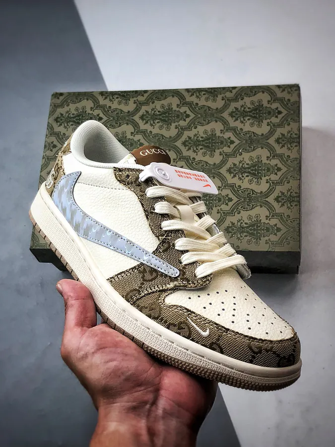 Gucci White Khaki Leather Air Jordan 1 Low OG