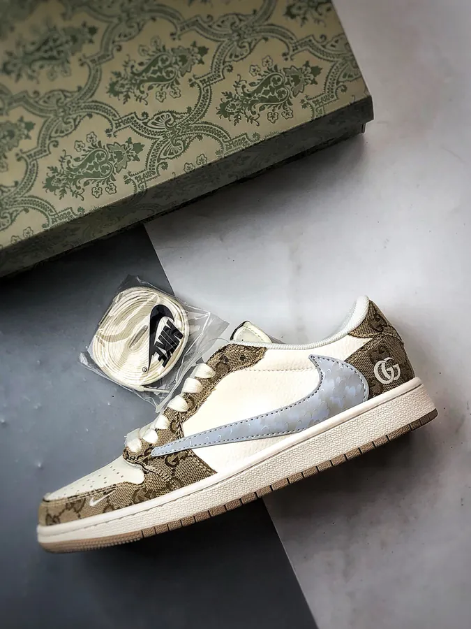 Gucci White Khaki Leather Air Jordan 1 Low OG