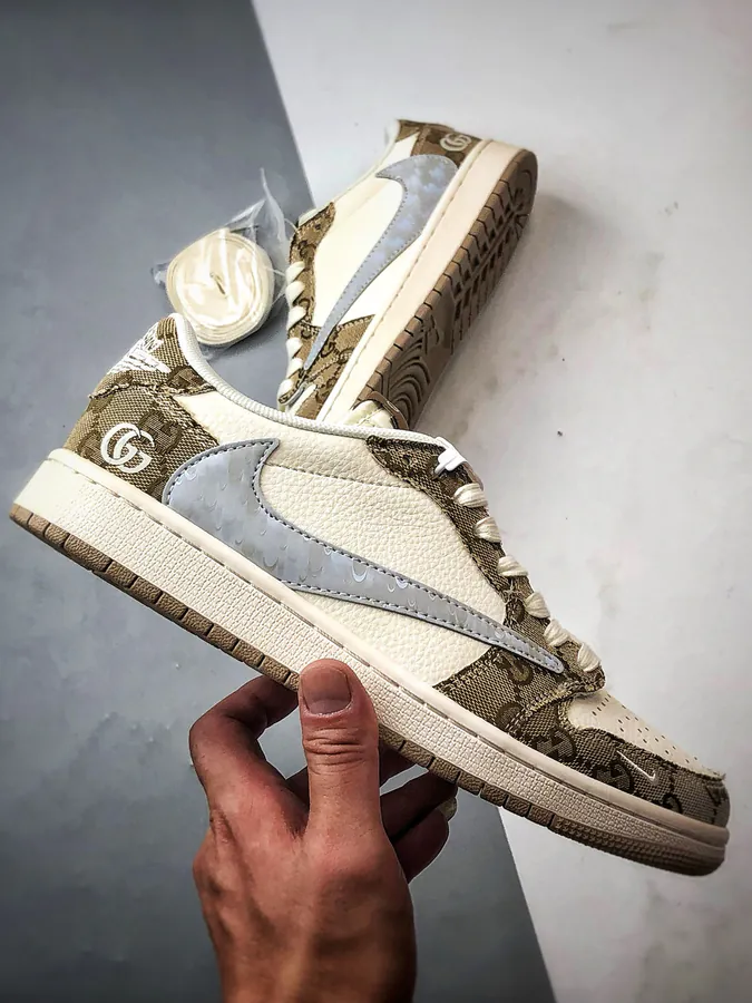 Gucci White Khaki Leather Air Jordan 1 Low OG
