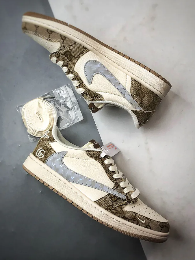 Gucci White Khaki Leather Air Jordan 1 Low OG