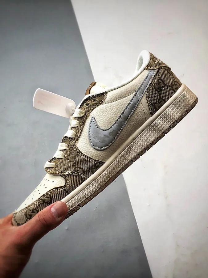 Gucci White Khaki Leather Air Jordan 1 Low OG