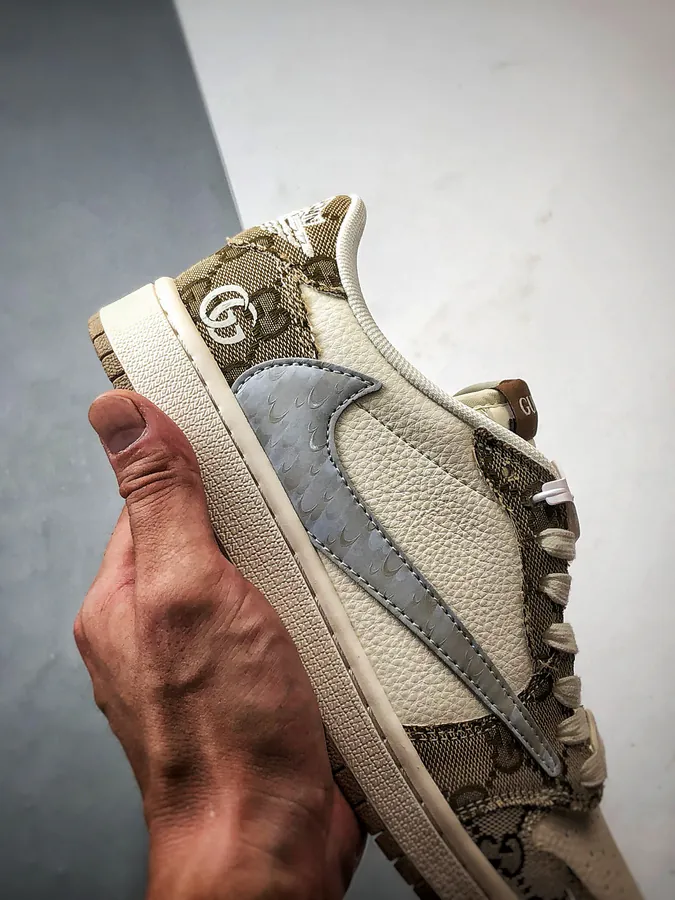 Gucci White Khaki Leather Air Jordan 1 Low OG