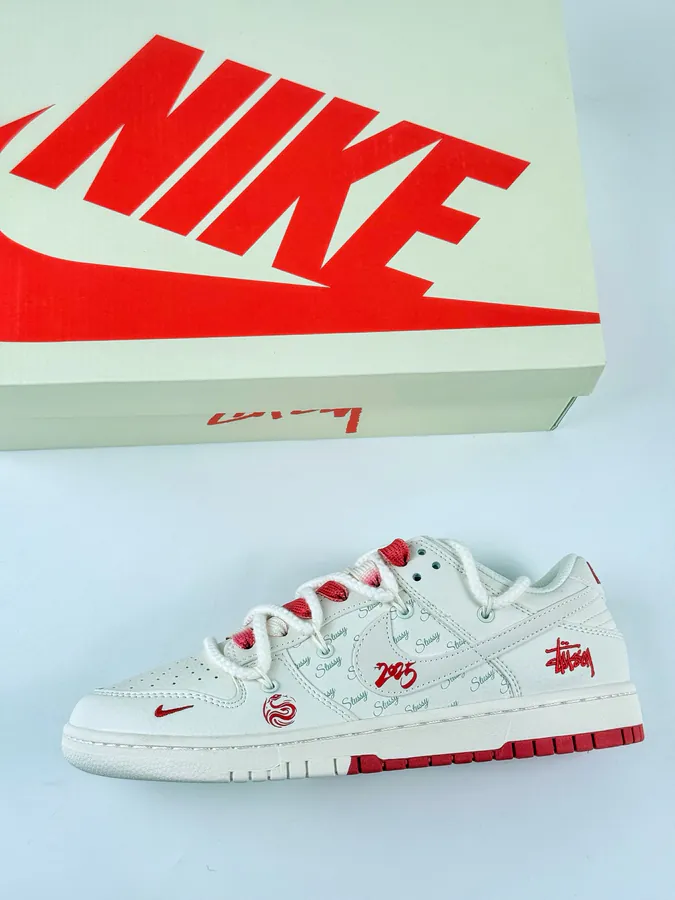 Nike SB Dunk Low x Stussy White Red Swoosh Strap