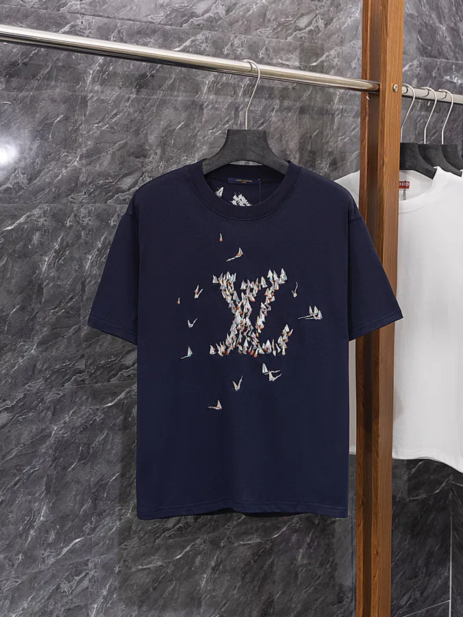 LOUIS VUITTON Navy Blue Cotton T Shirt with Sail Embroidery
