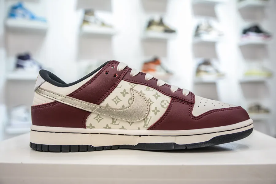 LV x Nike Dunk Low Wine Red Silver Trim