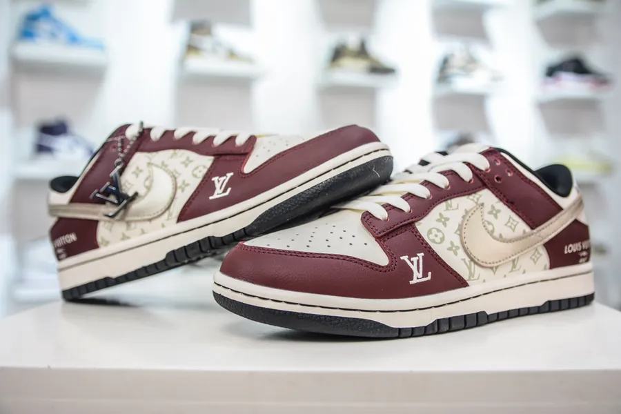 LV x Nike Dunk Low Wine Red Silver Trim
