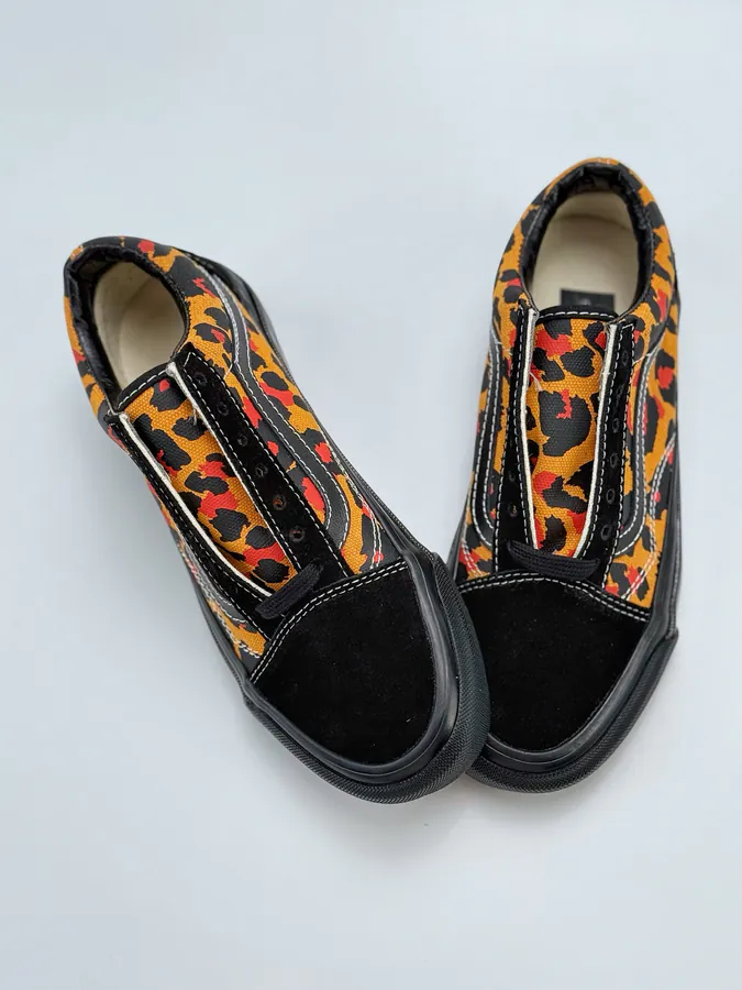 Men's and Women's LX Old Skool Canvas Sneakers with Black and Orange Leopard Print