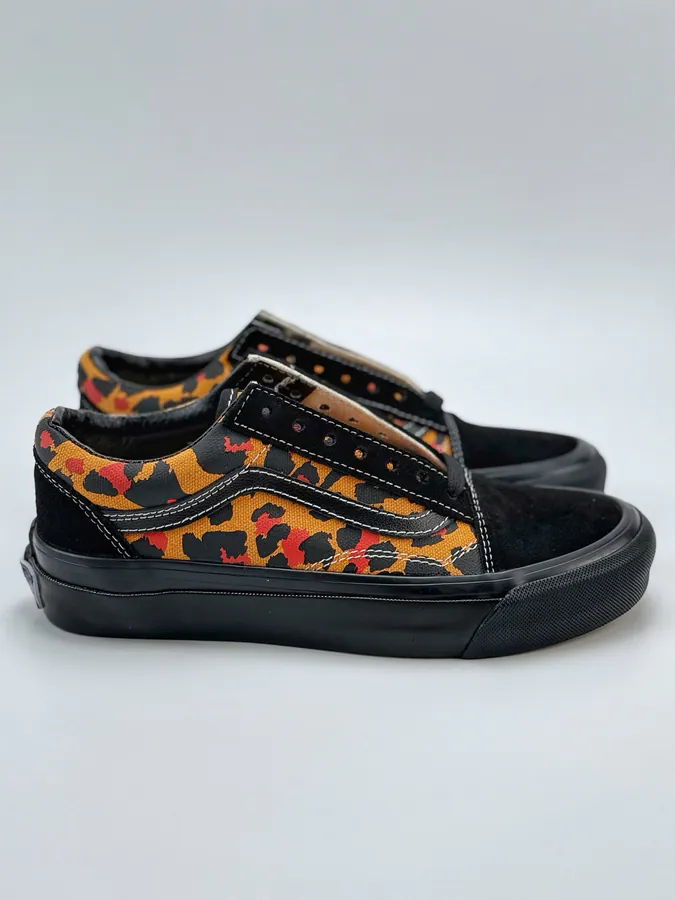 Men's and Women's LX Old Skool Canvas Sneakers with Black and Orange Leopard Print