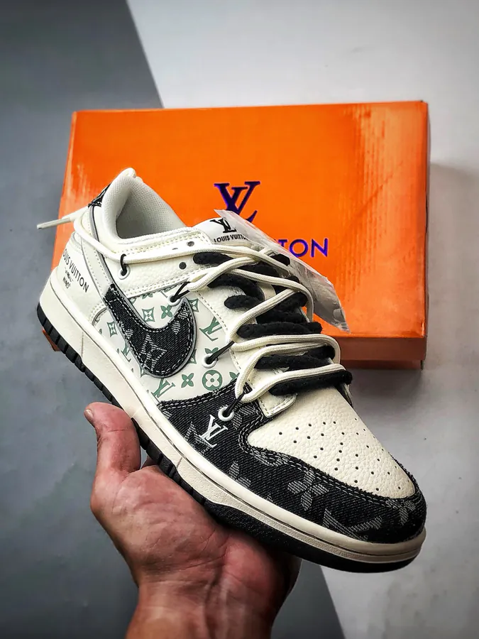 LV Print White Black Patchwork Jeans Destuctured Low Top Sneaker