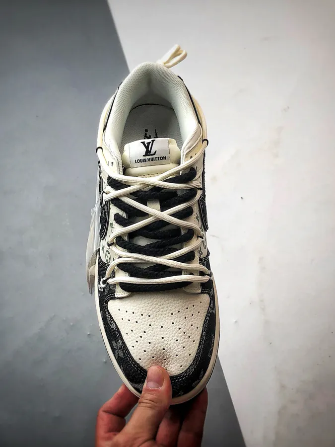 LV Print White Black Patchwork Jeans Destuctured Low Top Sneaker
