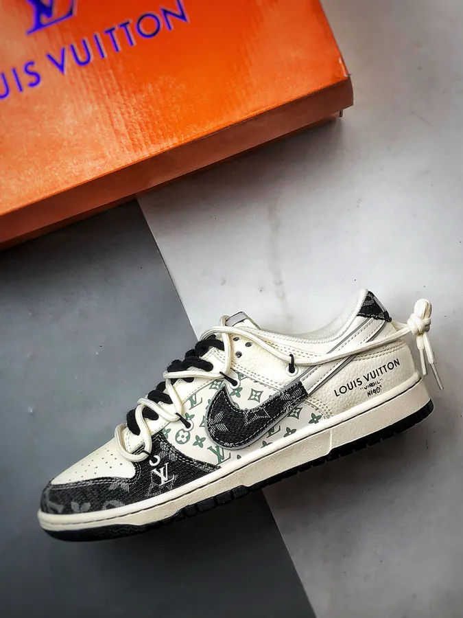 LV Print White Black Patchwork Jeans Destuctured Low Top Sneaker