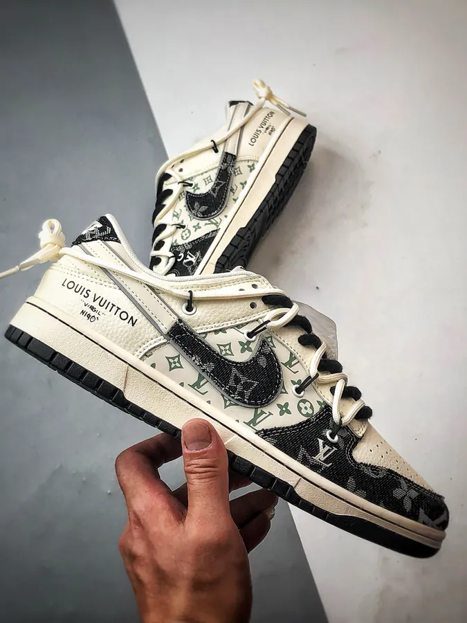 LV Print White Black Patchwork Jeans Destuctured Low Top Sneaker