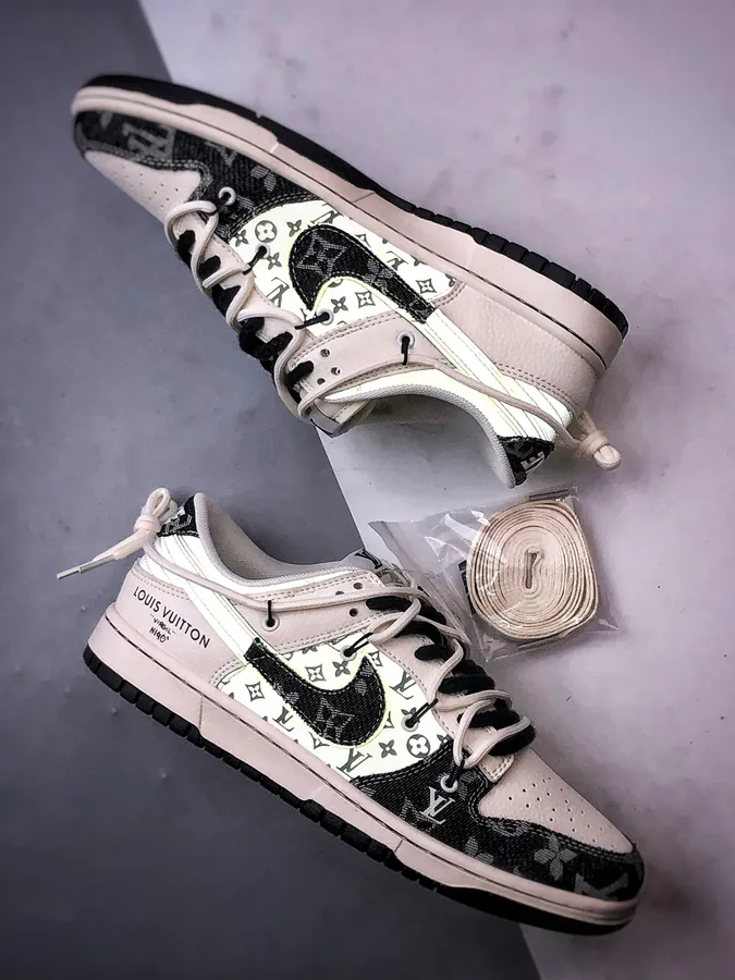 LV Print White Black Patchwork Jeans Destuctured Low Top Sneaker