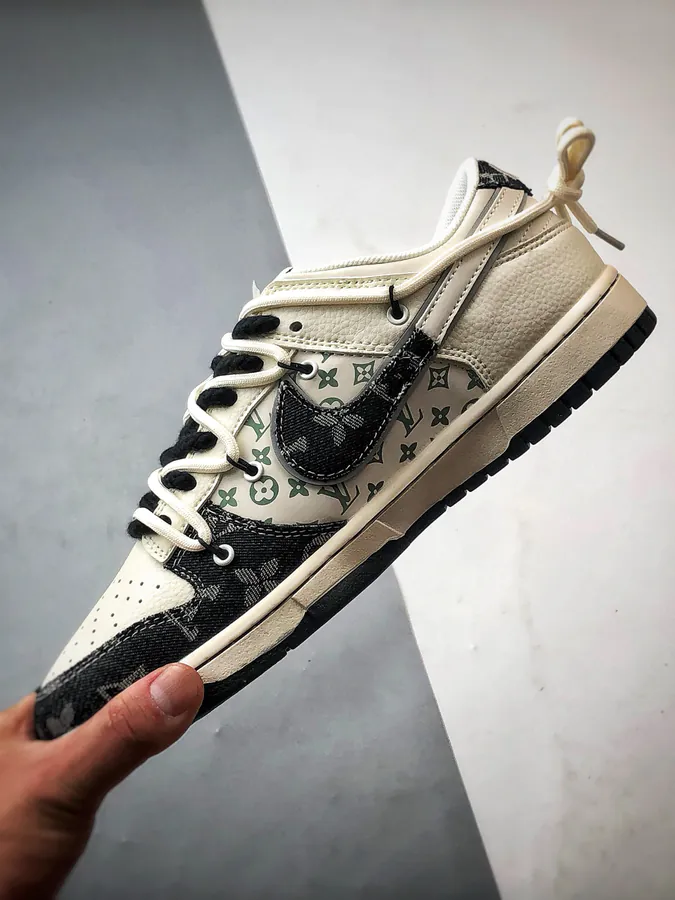 LV Print White Black Patchwork Jeans Destuctured Low Top Sneaker