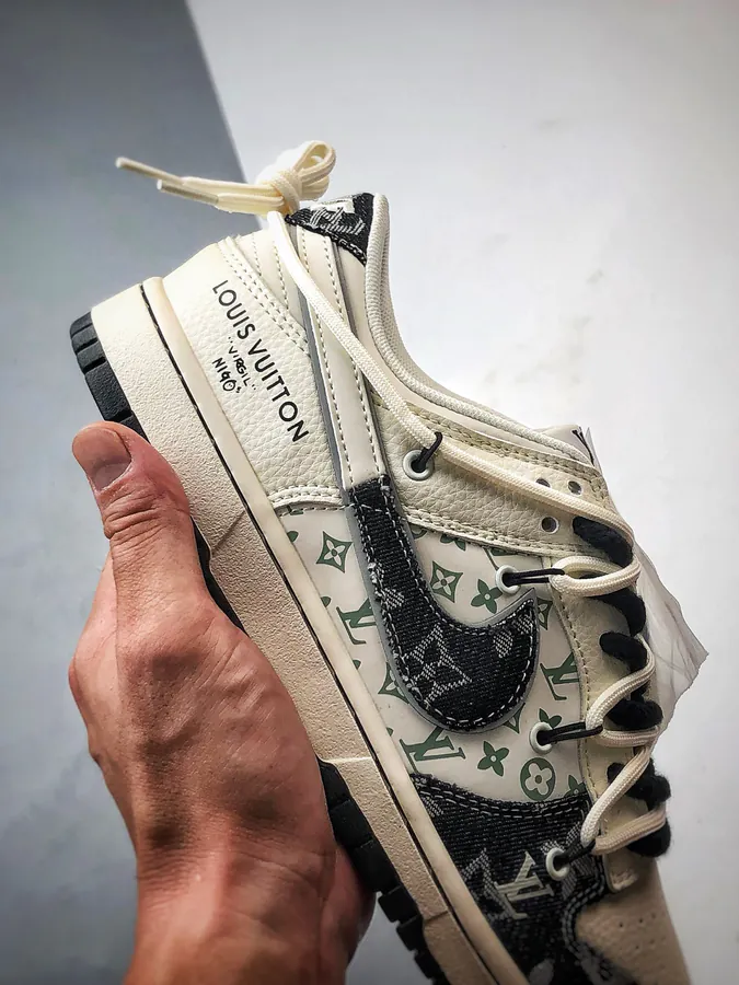 LV Print White Black Patchwork Jeans Destuctured Low Top Sneaker