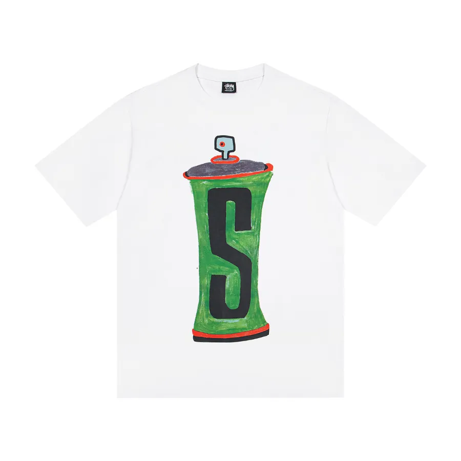 Stussy Hand Painted Spray Can Print Round Neck T Shirt