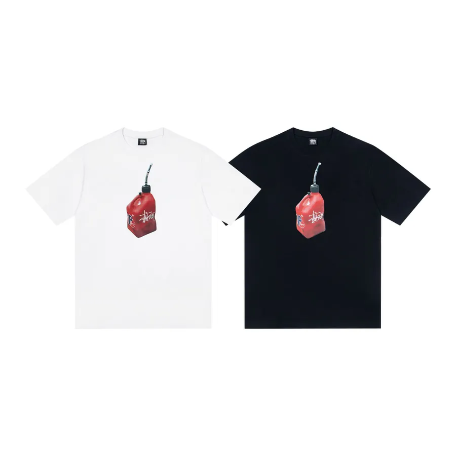 Stussy Gasoline Bucket Print Round Neck Short Sleeve T Shirt for Men and Women
