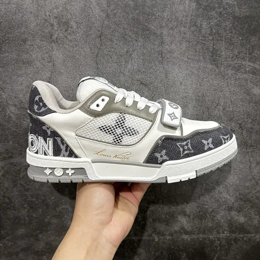 LV Trainer Gray White Calfskin with Denim Patch