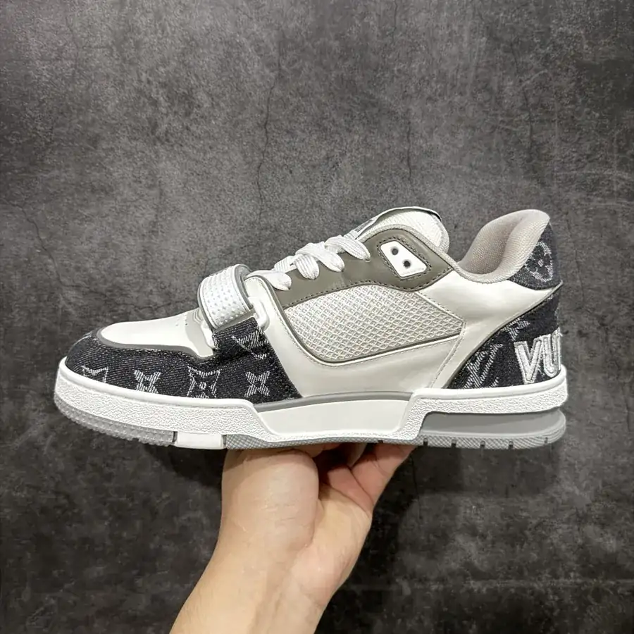 LV Trainer Gray White Calfskin with Denim Patch