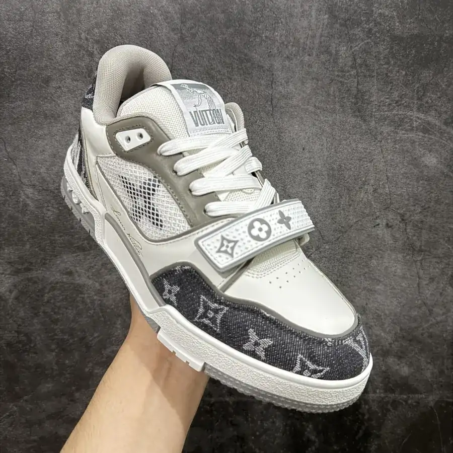 LV Trainer Gray White Calfskin with Denim Patch