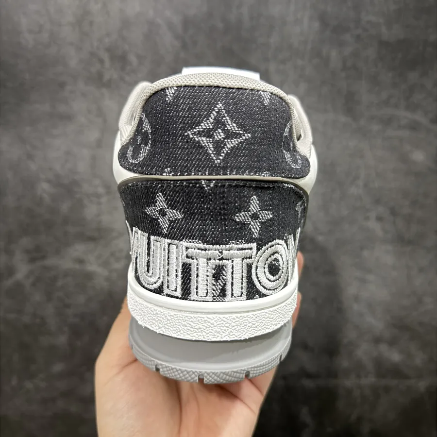 LV Trainer Gray White Calfskin with Denim Patch