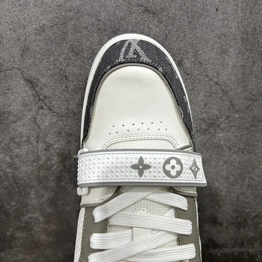 LV Trainer Gray White Calfskin with Denim Patch