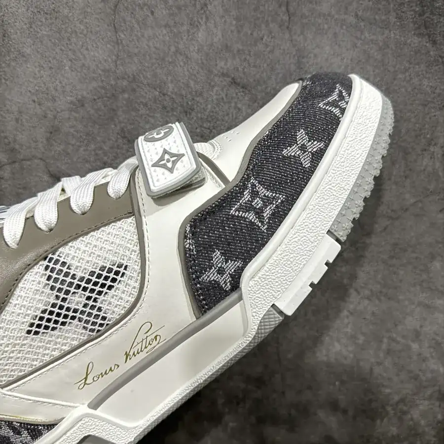 LV Trainer Gray White Calfskin with Denim Patch