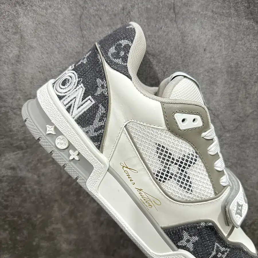 LV Trainer Gray White Calfskin with Denim Patch