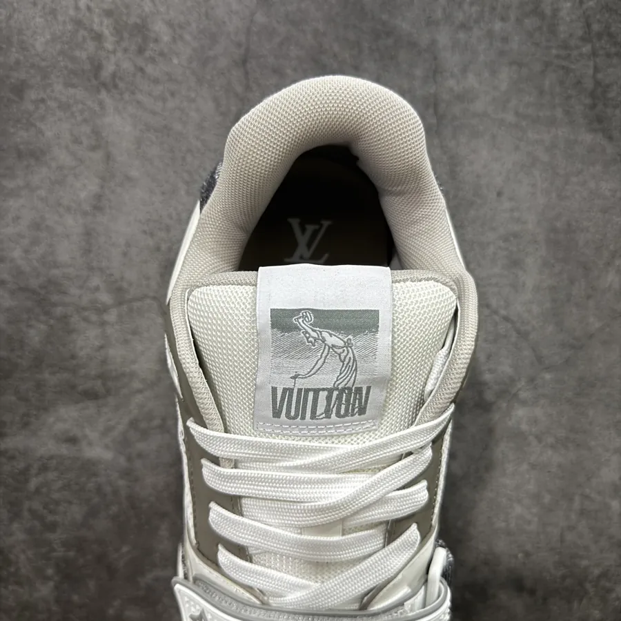 LV Trainer Gray White Calfskin with Denim Patch
