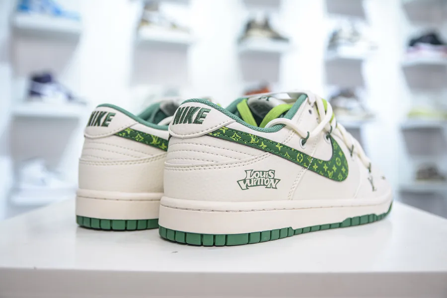 SB Dunk Low x Louis Vuitton Collaboration White Green Straps