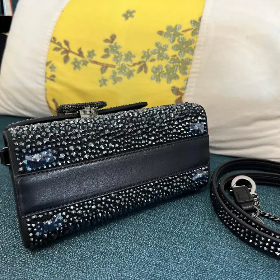 VSLING Mini Solid Crystal Embellished Calfskin Bag with Adjustable Strap