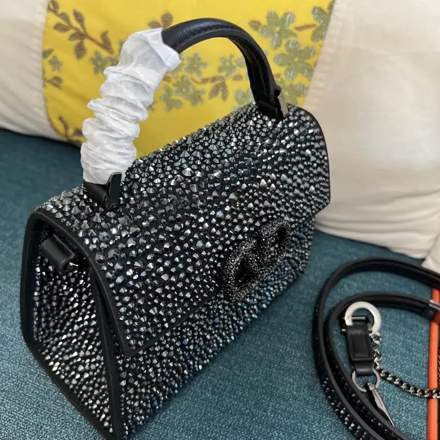 VSLING Mini Solid Crystal Embellished Calfskin Bag with Adjustable Strap