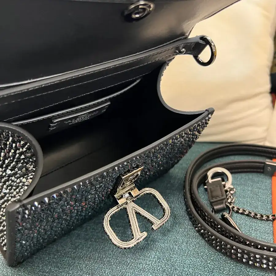 VSLING Mini Solid Crystal Embellished Calfskin Bag with Adjustable Strap