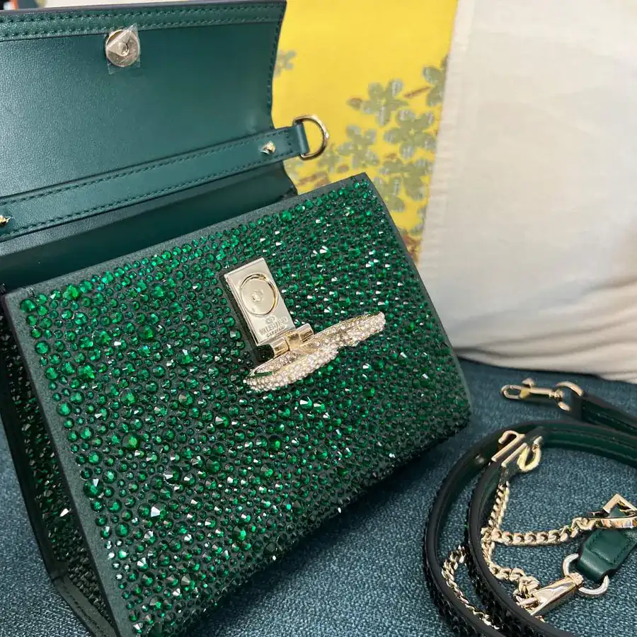 VSLING Mini Solid Crystal Embellished Calfskin Bag with Adjustable Strap