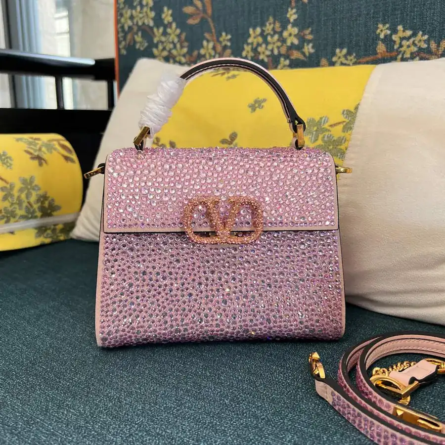 VSLING Mini Solid Crystal Embellished Calfskin Bag with Adjustable Strap