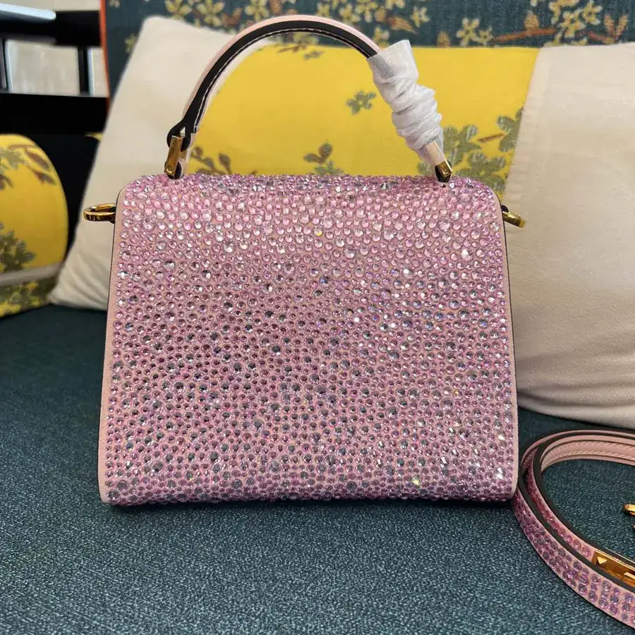 VSLING Mini Solid Crystal Embellished Calfskin Bag with Adjustable Strap